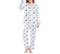 Pijama Mujer Algodón Set 2 Piezas Pijamas Algodón Invierno Homewear Adulto Clásico Tamaño Grande Sets Pijamas Manga Larga Botón Blusa Pantalones Ropa Blanco Conjuntos Sleepwear, Sky Blue, S