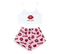 Pijama Mujer Conjunto de Pijama Verano Mujer Conjunto de Pijama Camisoles Ropa de Dormir Lencería Bonito Estampado Ensalada Top Y Pantalones Cortos Ropa de Dormir Vestido de Satén Festivo, Rosa