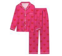 Pijama Mujer Invierno - Conjunto femenino manga larga estampado corazón San Valentín tejido algodón cuello puños elásticos pantalón recto con cinturilla ajustable lavable a máquina regalo romántico