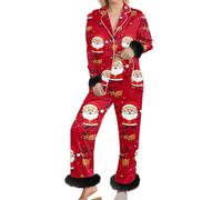 Pijama Mujer Largo - de dos piezas para estar en casa conjunto femenino con estampado navideño mangas largas cuello tejido y elástico ideal para dormir descansar y celebraciones invernales en el