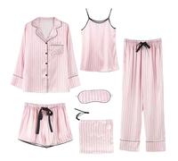Pijama Mujer Satén Conjuntos 7 unids Pajama Algodón Invierno Cálido Loungewear Adulto Clásico Barato Set Pijama Manga Larga Botones Camiseta, Pantalones Traje Rosa Conjunto Sleepwear, rosa brillante