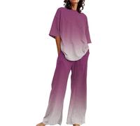 Pijama Mujer Verano lgodon Camiseta Holgada de Manga Corta con Cuello y Estampado Floral para Mujer, Conjunto de 2 Tallas Grandes con Pantalones Camison Sexy Mujer Saten Camisones (Pink, XXXXL)