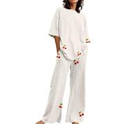 Pijama Mujer Verano Women Secret Camiseta Holgada de Manga Corta con Cuello y Estampado Floral para Mujer, Conjunto de 2 Tallas Grandes con Pantalones Pijama Mujer Navideño Pijama Mujer (Beige, M)