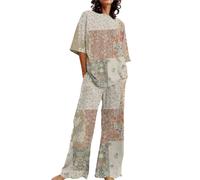 Pijama Mujer Verano Women Secret Camiseta Holgada de Manga Corta con Cuello y Estampado Floral para Mujer, Conjunto de 2 Tallas Grandes con Pantalones Pijama Mujer Navideño Pijama Mujer (Khaki, L)