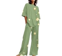 Pijama Mujer Verano Women Secret Camiseta holgada de manga corta con cuello y estampado Floral para mujer, conjunto de 2 tallas grandes con pantalones Pijama Mujer Navideño Pijama Mujer (Green, XXXXL)
