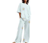Pijama Mujer Verano Women Secret Camiseta Holgada de Manga Corta con Cuello y Estampado Floral para Mujer, Conjunto de 2 Tallas Grandes con Pantalones Pijama Mujer Navideño Pijama (Light Blue, XL)