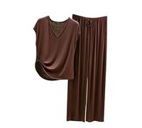 Pijama Mujer Verano Women Secret Conjunto de Pijama para Mujer, 2 Conjuntos a Juego, Top de Manga Corta y Pantalones con Bolsillos Camisones De Mujer Sexy Women Secret Pijama (Coffee, XL)