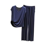 Pijama Mujer Verano Women Secret Conjunto de Pijama para Mujer, 2 Conjuntos a Juego, Top de Manga Corta y Pantalones con Bolsillos Camisones De Mujer Sexy Women Secret Pijama (Navy, XL)