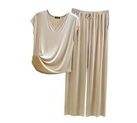 Pijama Mujer Verano Women Secret Conjunto de Pijama para Mujer, 2 Conjuntos a Juego, Top de Manga Corta y Pantalones con Bolsillos Camisones De Mujer Sexy Women Secret Pijama (Beige, XL)