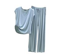 Pijama Mujer Verano Women Secret Conjunto de Pijama para Mujer, 2 Conjuntos a Juego, Top de Manga Corta y Pantalones con Bolsillos Camisones De Mujer Sexy Women Secret Pijama (Sky Blue, XL)