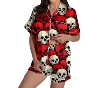 Pijama para mujer de 2 piezas con estampado de Halloween, manga corta, cuello en V, botones y pantalones cortos, satén de seda, conjunto de pijama, 01#_multicolor, M