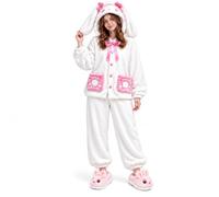 Pijama Polar Mujer De Conejo, Dos Piezas Con Capucha Y Zapatillas A Juego | Botones Delanteros, Bolsillos Prácticos, Tacto Suave, Manga Larga, Para Estar En Casa Y Las Tardes Con Amigas