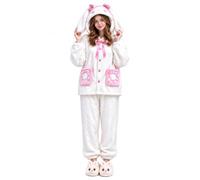 Pijama Polar Mujer De Conejo, Dos Piezas Con Capucha Y Zapatillas A Juego | Botones Delanteros, Bolsillos Prácticos, Tacto Suave, Manga Larga, Para Estar En Casa Y Las Tardes Con Amigas