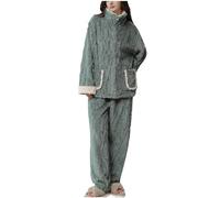 Pijama Polar Mujer Ofertas,Pijama Mujer Invierno Felpa Conjunto de Camisa Manga Larga de Cuello Alto y Pantalon Largo Espesado y Cálido Ropa Casa Suave y Cómodo Ropa de Dormir Pijamas Coralina Mujer