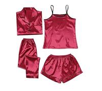 Pijama Saten Mujer Conjunto de Pijama de Seda Satinada para Mujer, 4 Uds., Manga Larga, con Botones Camisones De Mujer lgodon Pijama Entero Mujer (Wine, L)