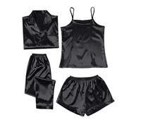 Pijama Saten Mujer Conjunto de Pijama de Seda Satinada para Mujer, 4 Uds., Manga Larga, con Botones Camisones De Mujer lgodon Pijama Entero Mujer (Black, XL)