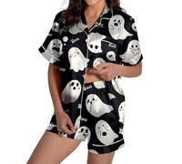 Pijama Saten Mujer Manga Corta Botones Conjunto De Pijama Verano Pijama Shorts Set 2 Piezas Pijama de seda satinada de manga corta con estampado de calabaza fantasma para Halloween para mujer