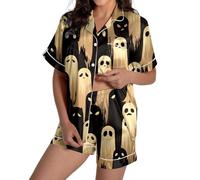 Pijama Saten Mujer Manga Corta Botones Conjunto De Pijama Verano Pijama Shorts Set 2 Piezas Pijama de seda satinada de manga corta con estampado de calabaza fantasma para Halloween para mujer