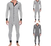 Pijama todo en uno para hombre, pijama de manga larga con tiras, ropa interior acogedora con botones, transpirable, suave, ropa de descanso, ligera y cómoda, ropa de casa clásica, gris, XXX-Large