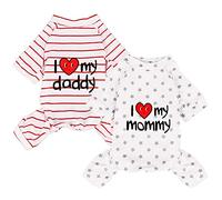Pijamas de algodón ligero para perro, para perros pequeños y medianos y gatos, mono para cachorros, mono de bebé, I Love My Mommy/Daddy, ropa de mascotas estampada, estrellas grises/rayas rojas