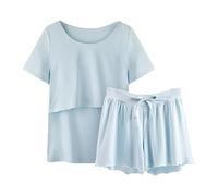 Pijamas de algodón para niños, ropa de dormir de manga para lactancia, camiseta y conjunto de camiseta para bebé, pantalones cortos, bata de maternidad para dormir, azul, M