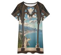Pijamas De Verano para Mujer - Ciudad Costera Camisón Largo Holgado Elegante De Estilo Vintage para Mujer Vestido Tipo Camiseta para El Hogar Ropa De Dormir. 3XL