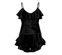 Pijamas Mujer Conjunto de Pijama de satén con Volantes Multicolor de Verano Pijamas Familiares Iguales Pijama De Mujer Sexy (Black, L)