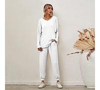 Pijamas Mujer,Conjuntos De Pijama Para Mujer Pantalones De Poliéster De Cuello Redondo Blanco Cordón Suelto Informal Acogedor Cálido Pjs De Manga Larga Top & Amp; Conjunto De Pantalones Ropa De D