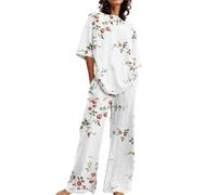 Pijamas Mujer Tallas Grandes Camiseta Holgada de Manga Corta con Cuello y Estampado Floral para Mujer, Conjunto de 2 Tallas Grandes con Pantalones Pijama Señora Algodon Pijama Mujer (Beige, XXXL)