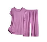 Pijamas Mujer Tallas Grandes Conjuntos de Pijama Capri para Mujer Top de Manga Corta de Verano con Pantalones Capri Pijamas 2 Camison Mujer Pijama Mujer Primavera Algodon (Purple, XXXXL)