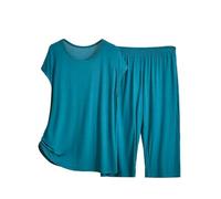 Pijamas Mujer Tallas Grandes Conjuntos de Pijama Capri para Mujer Top de Manga Corta de Verano con Pantalones Capri Pijamas 2 Camison Mujer Pijama Mujer Primavera Algodon (Navy, XXXXL)