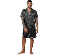 Pijamas Saten Hombre Conjunto Clásico Verano Manga Corta Seda Camiseta Y Pantalones Cortos Con Botones Casa Casual Cómodo Sleepingwear Sets (Color : Black, Size : XXL)