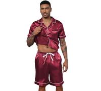 Pijamas Saten Hombre Conjunto Clásico Verano Manga Corta Seda Camiseta Y Pantalones Cortos Con Botones Casa Casual Cómodo Sleepingwear Sets (Color : Red, Size : XL)