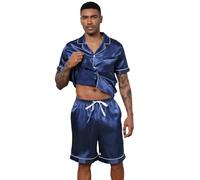 Pijamas Saten Hombre Conjunto Clásico Verano Manga Corta Seda Camiseta Y Pantalones Cortos Con Botones Casa Casual Cómodo Sleepingwear Sets (Color : Blue, Size : L)