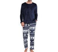 Pijamas Terciopelo Hombre Polar Suaves Grueso Cuadros Invierno Forro Camiseta Pantalón Largo Elástico Sety Ropa de Dormir Manga Larga Entretiempo Tops Cómodo Regalos para Hombres Azul Marino+Navidad M
