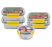 PIKA - Recipiente hermético para alimentos de acero inoxidable y tapa de cristal templado - ligera - Compatible con microondas, horno, congelador - MetalShock (Set de 3 : 650ml + 2x 820ml + 2x1200ml)