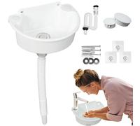 Pila de vaciado de plástico pequeña, pila de lavar colgante con manguera y tapón de drenaje y accesorios de drenaje, fregadero semicircular curvado para camping, jardín, sótano, obras, WC