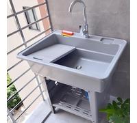 Pila Lavadero de Plástico con Tabla de Lavar, Lavadero Pila Exterior con Grifo de Agua Fría y Caliente y Kit De Desagüe, Ideal para Cuarto de Lavado(Gray,80x58x80cm)