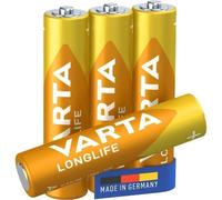 VARTA Pilas AAA, paquete de 4, Longlife, Alcalinas, 1,5V, aptas para mandos a distancia, despertadores, radios, relojes de pared, Made in Germany