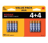 PILAS AAA KODAK MAX ALCALINA LR3 PACK 8 (4+4) UNIDADES 1150 mAh 1.5V (ecotasas incluidas)