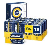 Pilas Alcalinas Allmax 9 V BLOCK (6LR61) de máxima potencia (12 ud.) - Batería 9 V ultraduradera, 7 años de vida útil, antifugas,compatible con dispositivos - Ideal para detectores de humo e incendios