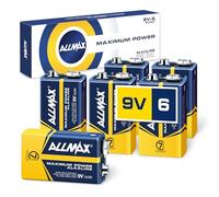 Pilas Alcalinas Allmax 9 V Block (6LR61) de máxima Potencia (6 ud.) - Batería 9 V ultraduradera, 7 años de Vida útil, antifugas,Compatible con Dispositivos - Ideal para detectores de Humo e Incendios