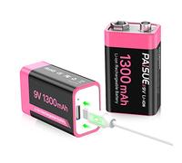 Pilas recargables de 9 V, 1300 mAh, de alta capacidad, iones de litio, 9 voltios, pilas cuadradas con puerto de carga USB-C rápido (paquete de 2)