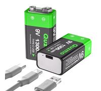 Pilas recargables de 9 V, 1300 mAh, iones de litio, 9 voltios, pilas cuadradas, carga USB-C con cable de carga 2 en 1 para detectores de humo, multímetros, lote de 2