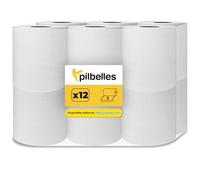 PILBELLES Bobina Papel Secamanos Mecha Pasta Laminado Extra Suave Doble Capa 12 Rollos Color Blanco