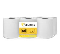 PILBELLES Bobina Papel Secamanos Mecha Pasta Laminado Extra Suave Doble Capa 6 Rollos Color Blanco