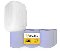 PILBELLES Pack 6 Rollos de Papel Secamanos Mecha + Dispensador de Papel Secamanos (Azul)