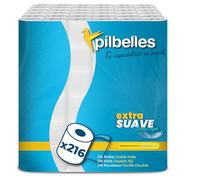 PILBELLES Papel Higiénico Extra Suave - 216 Rollos - 2 capas, Más de 160 Hojas por Rollo, Sin Perfumes, 100% Celulosa Certificado Ecolabel