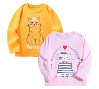 Pilipulu Camiseta de Manga Larga para Niña Pack de 2 Camisetas de Algodón Bebé Niña Casual T-Shirt de Unicornio para Infantiles 6 Años, Gato 1