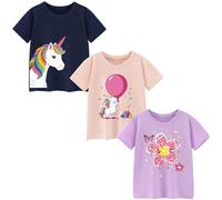 Pilipulu Camisetas de Manga Corta Niñas, Camiseta Algodon para Niña de Verano, Cuello Redondo T-Shirts Moda Informal Tops para Niños 4 Años, Azul Oscuro/Rosa/Morado